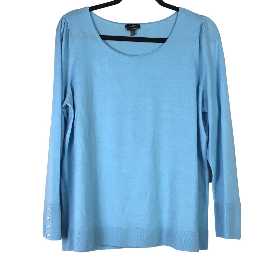 Talbots Pure Merino Wool Sweater Blue Pearl‎ Button Cuff Puff Shoulder 2XP Plus